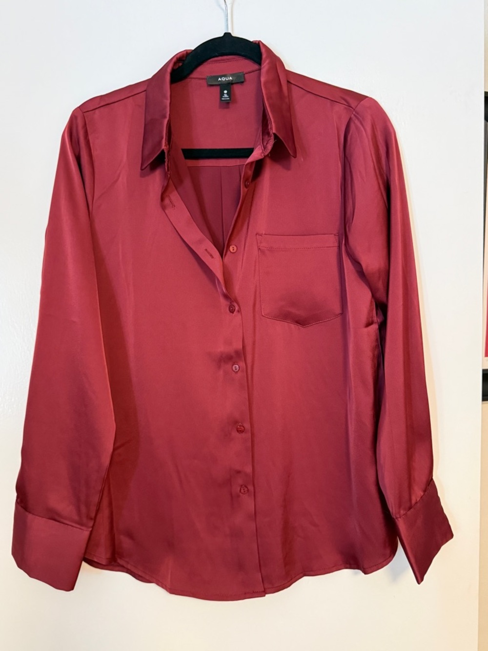 Aqua Satin Button-Down Blouse in Burgundy